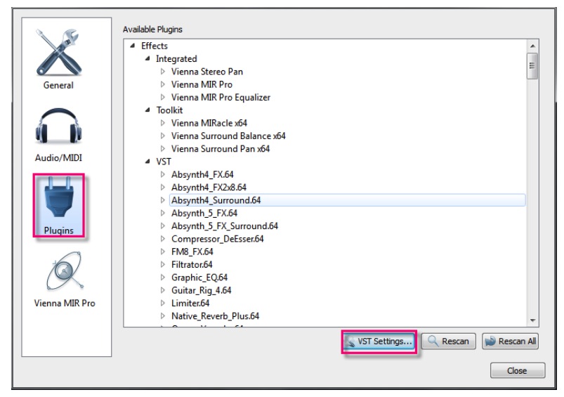 Vienna Ensemble Plug-ins menu
