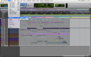 Pro Tools File menu with Bounce to... and Disk highlighted
