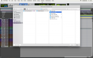Finder allowing you to select an export destination with Pro Tools Edit window in the background.