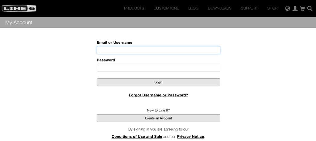 Line 6 Account sign in page