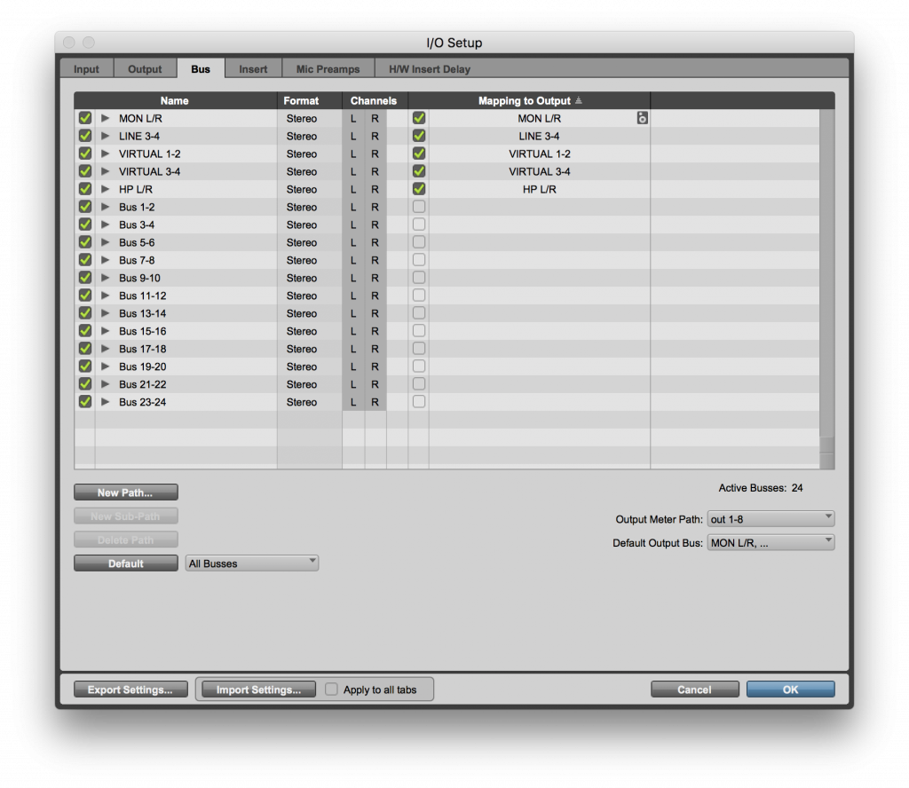 Pro Tools I:O settings Bus