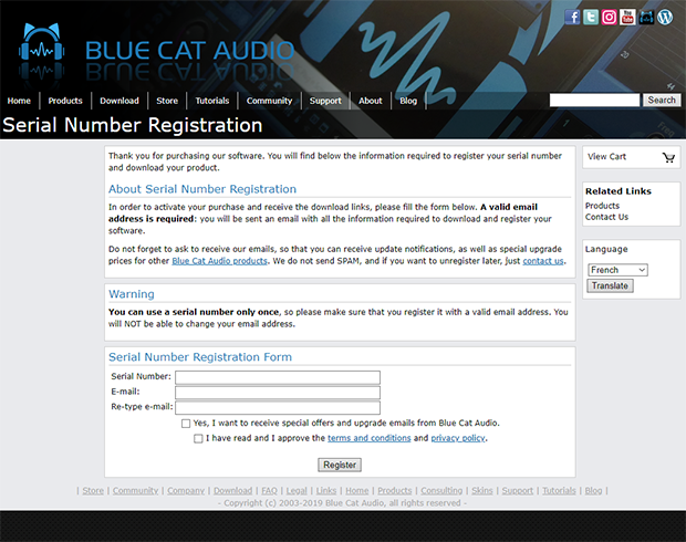 Blue Cat Audio registration page