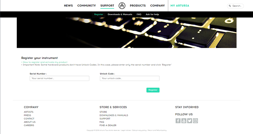 Arturia Registration page