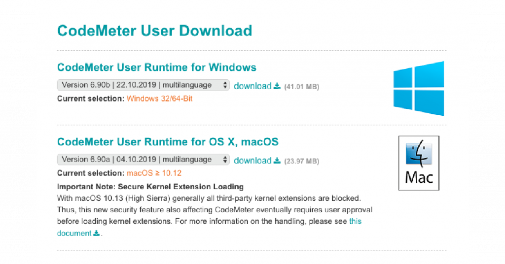 CodeMeter Download page for PC and Mac