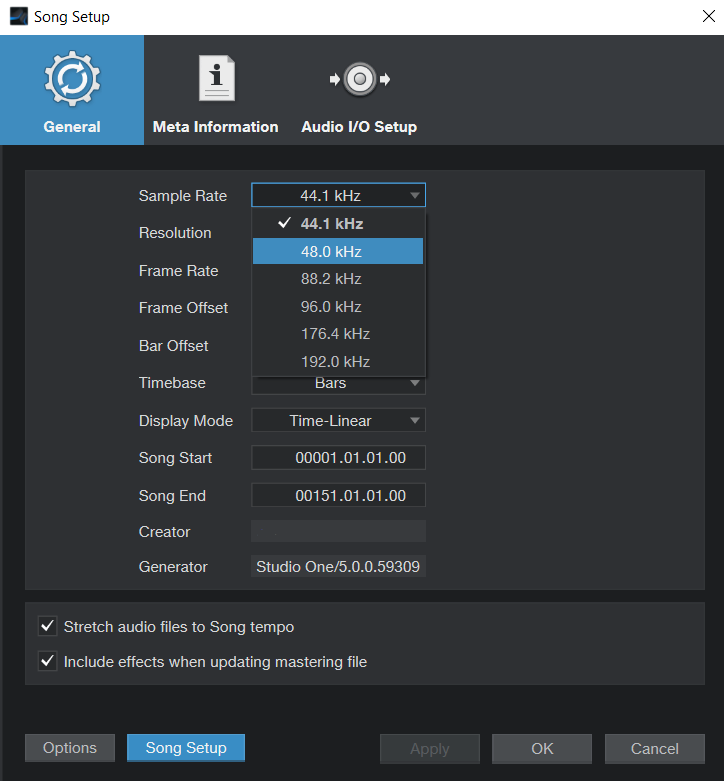 Studio One sound settings