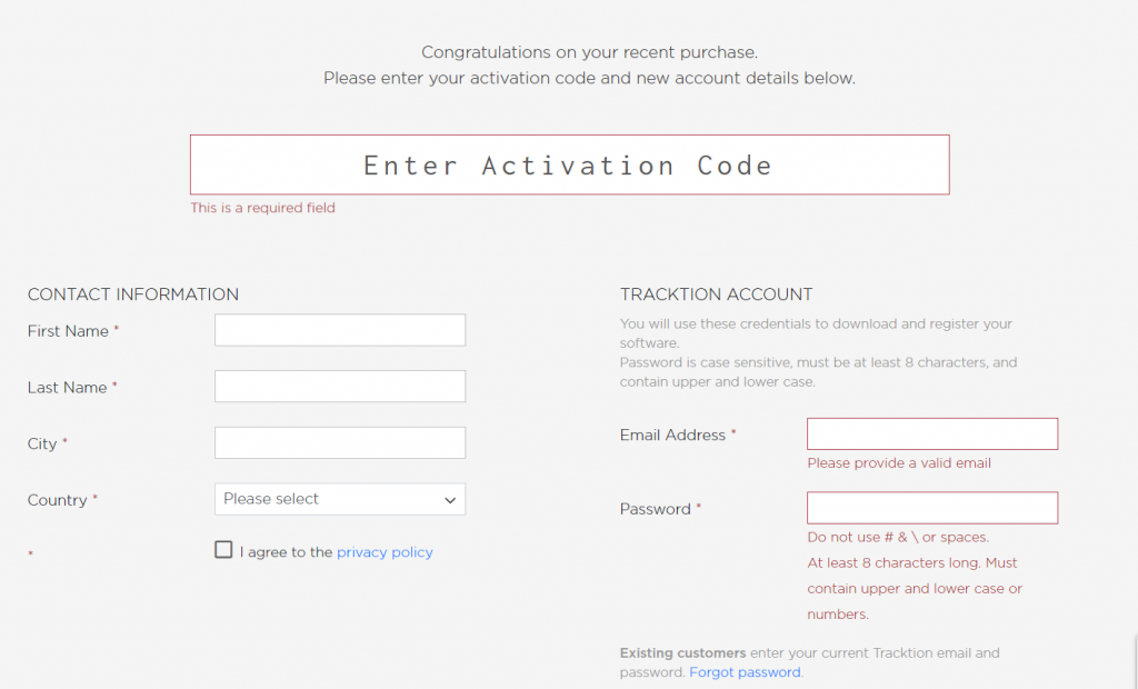 Tracktion Activation screen