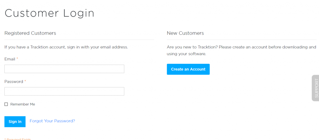 Tracktion log in screen