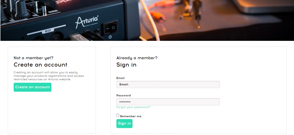 Arturia Login screen