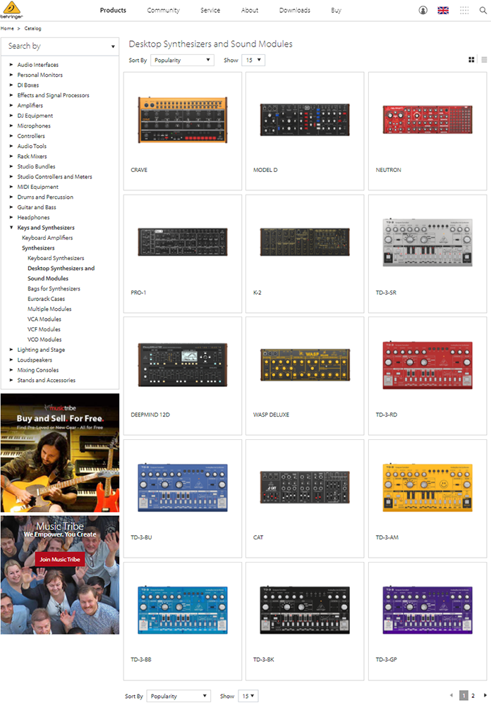 Page du catalogue des synthés Behringer