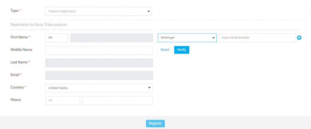 Behringer registration page