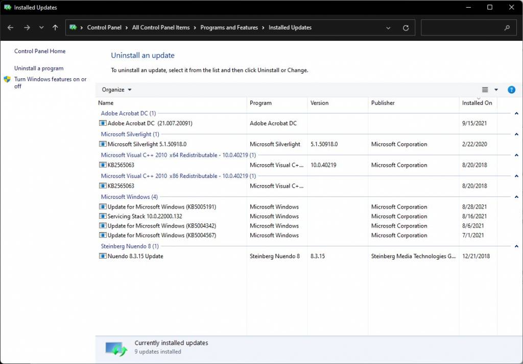 Ventana de desinstalación de actualización de Windows