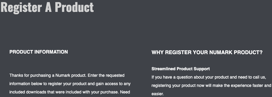 Numark registration page