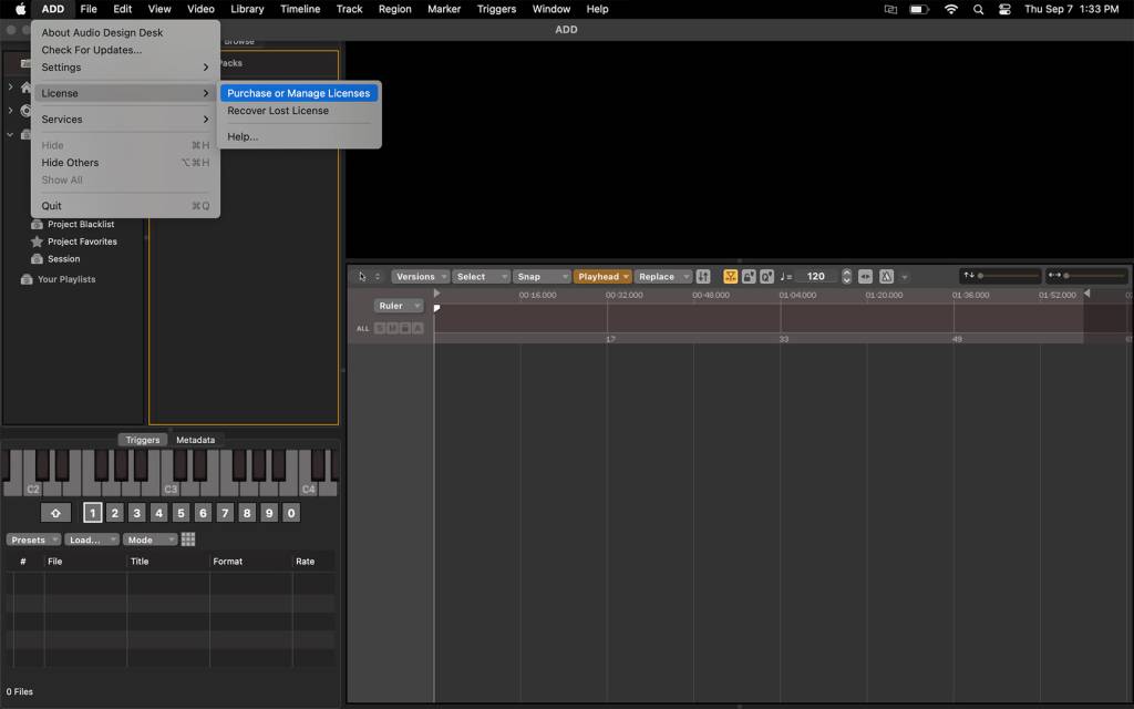 Audio Design Desk license dropdown