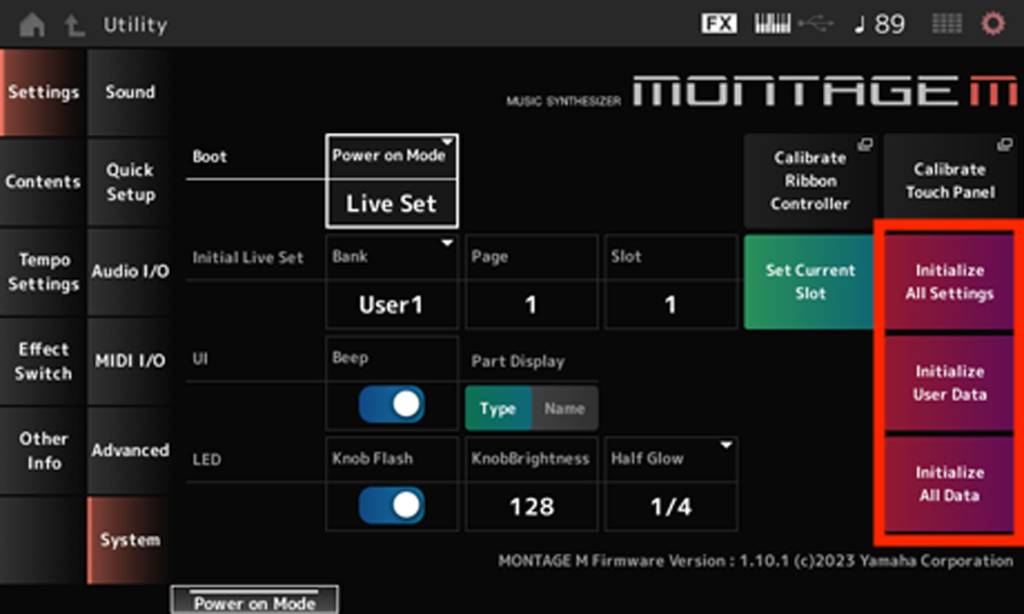 Montage M System Settings screen