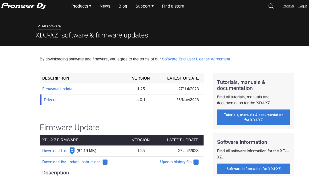 Pioneer XDJ-XZ firmware download page
