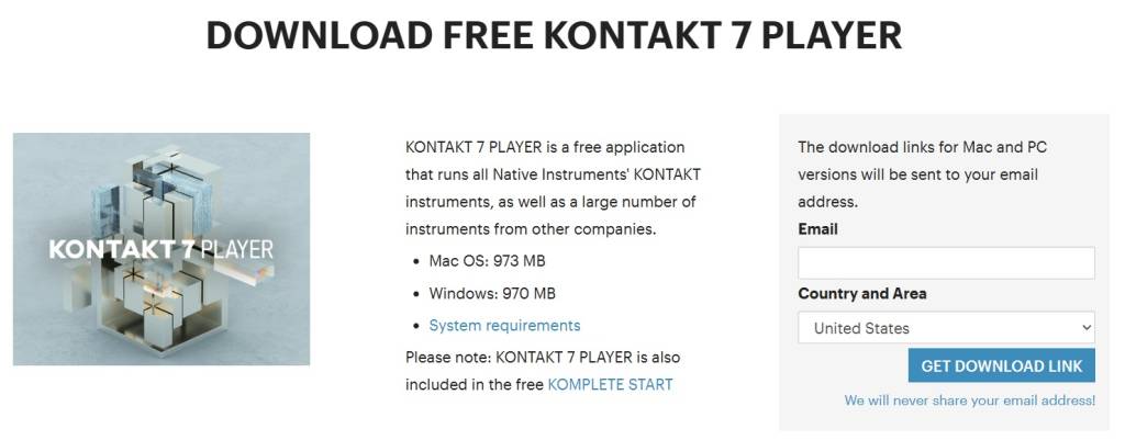 Kontakt Player download page