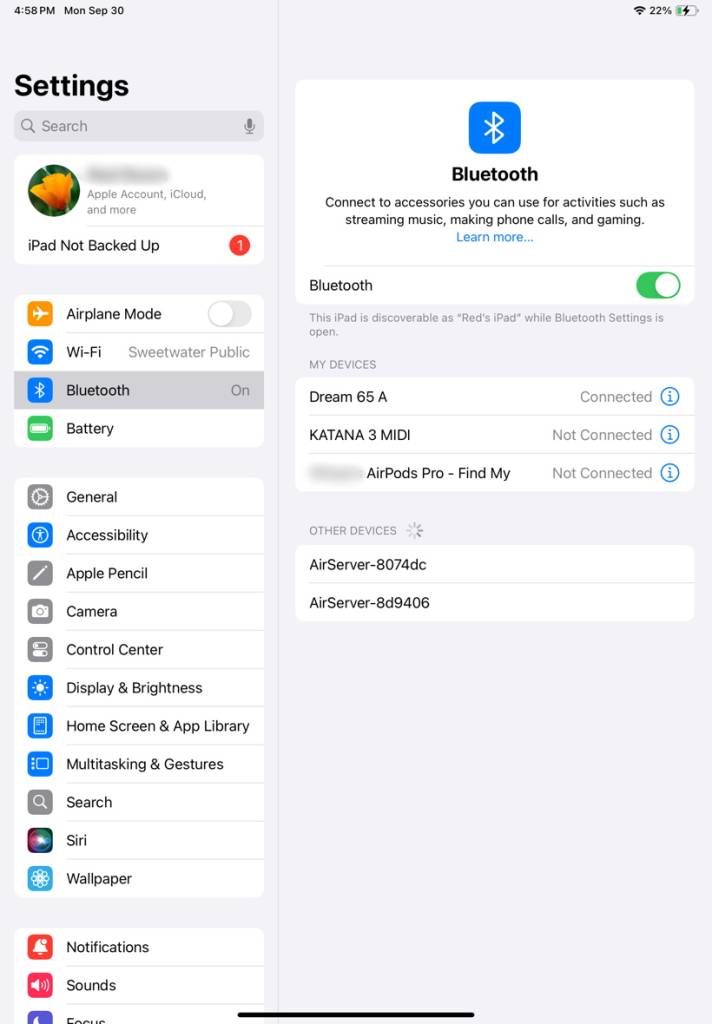 iPad Settings Bluetooth