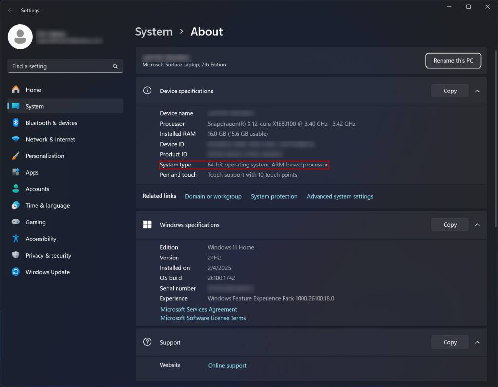 About this PC window showing ARM build highlighted