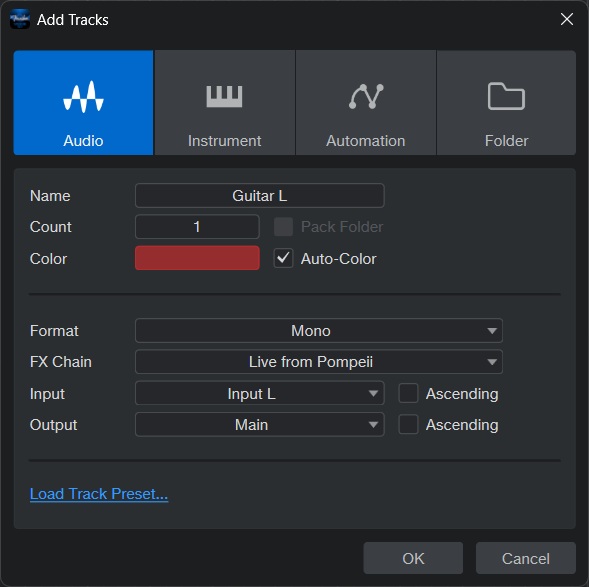 Fender Studio Pro audio track setup menu