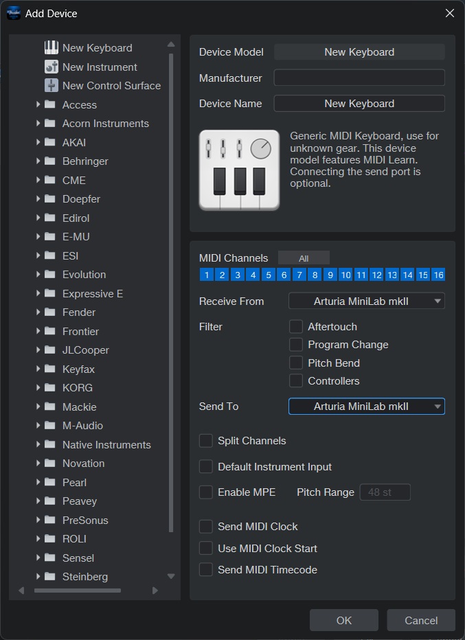 Fender Studio Pro MIDI devices menu