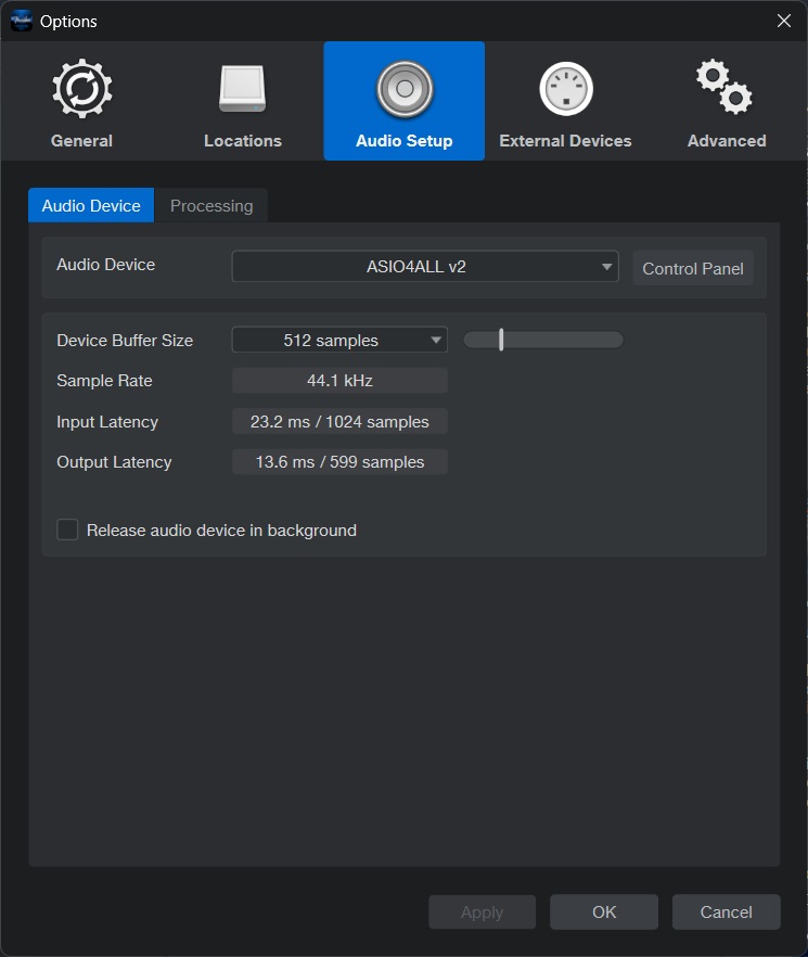 Fender Studio Pro audio setup window