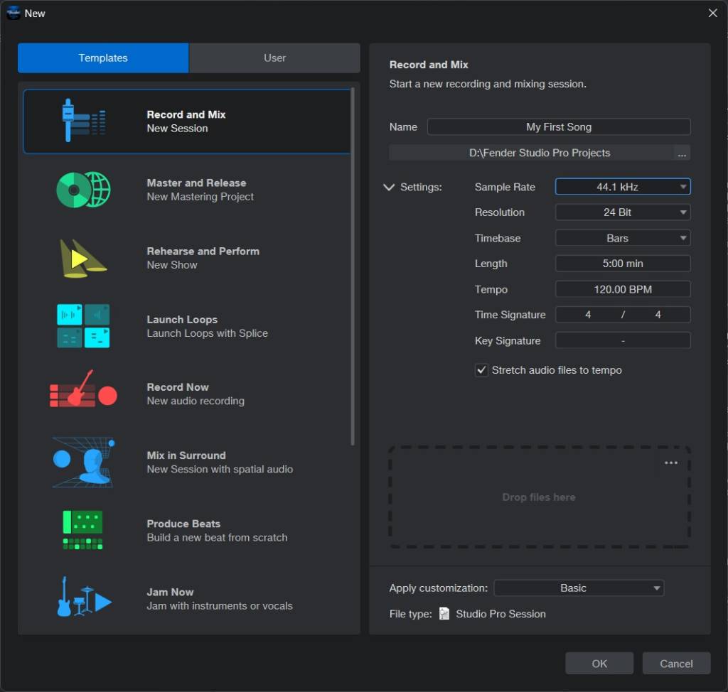 Fender Studio Pro project setup window
